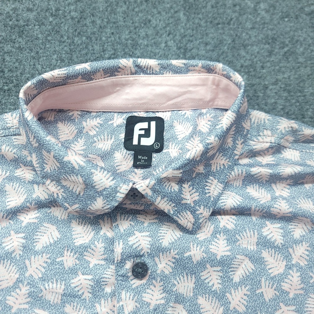 FootJoy FJ Mens Lisle Golf Polo Shirt Large Blue Pink Palm Leaf Print 29589